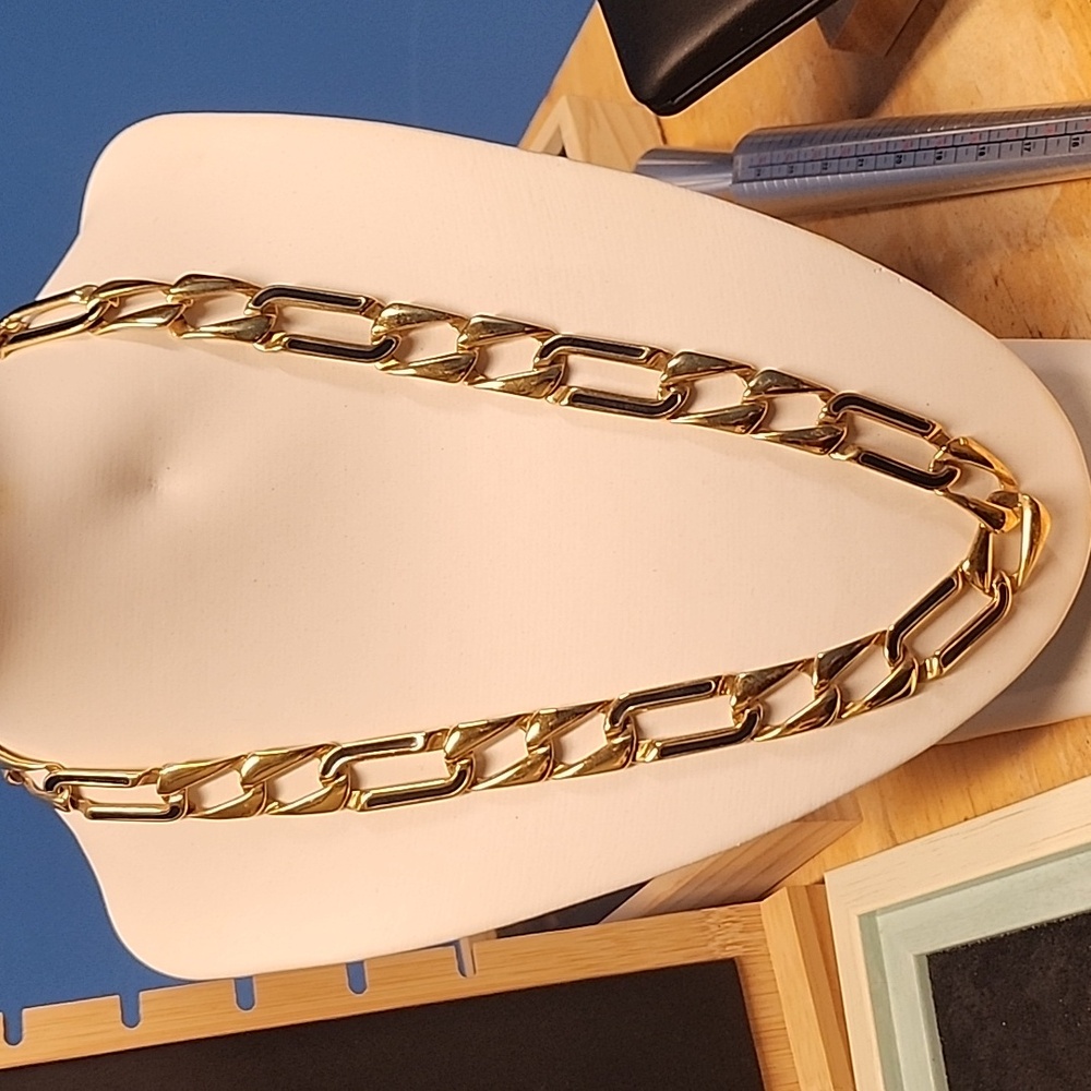 Vintage Monet Gold Tone Statement Link Necklace Black Enamel Chain Necklace